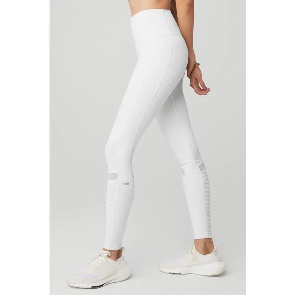 Alo High-Waist Moto Legging in White/White Glossy